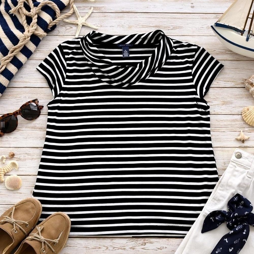Tommy Hilfiger Top Womens XL Black White Striped Cowl Neck Preppy Nautical XL